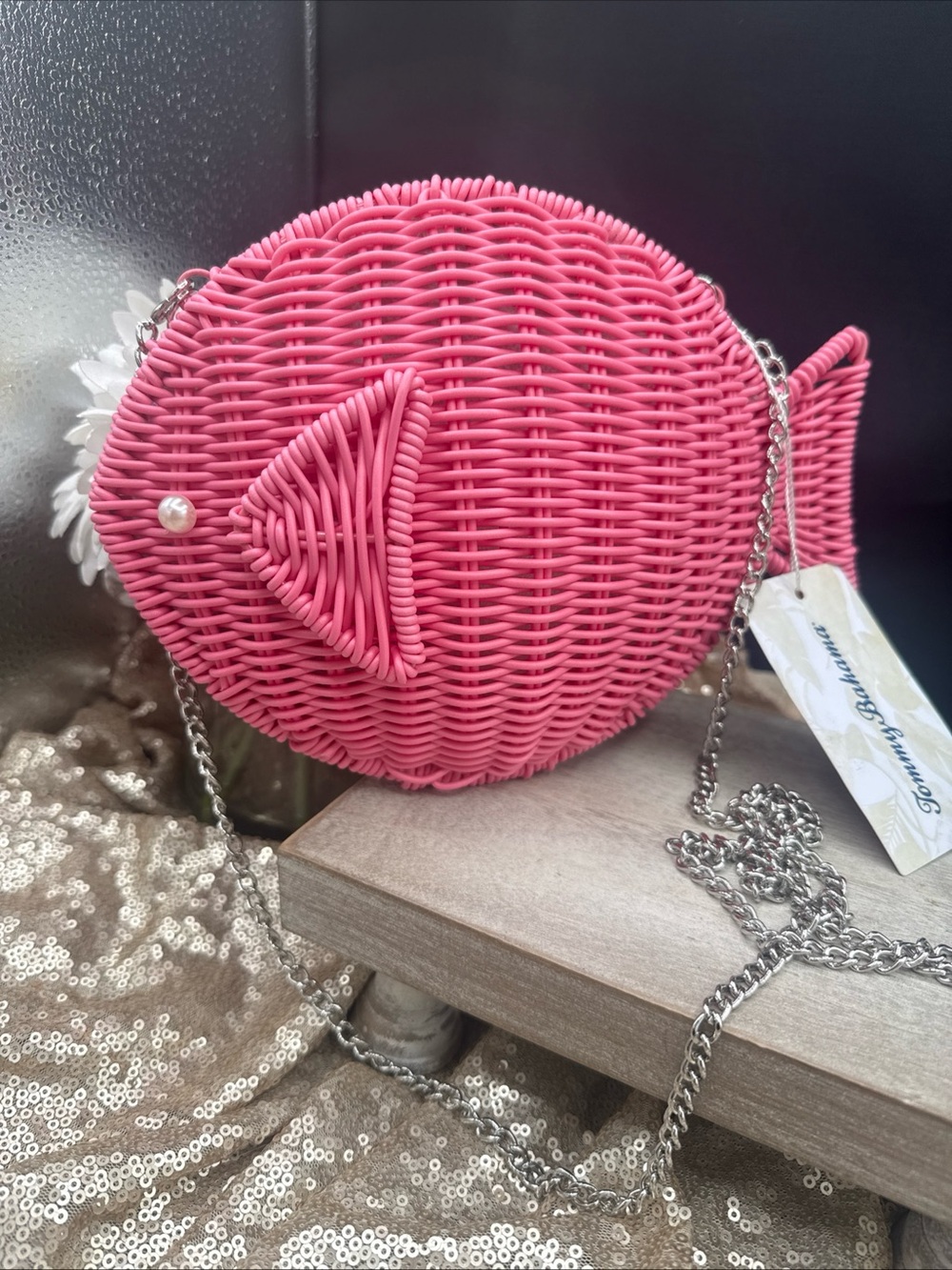 TOMMY BAHAMA PINK WOVEN WICKER FISH PURSE CLUTCH CROSSBODY BAG Two Straps